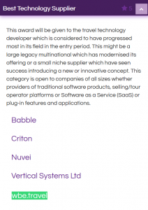Travolution Awards Best Technology Supplier nomination for wbe.travel - Travel technology